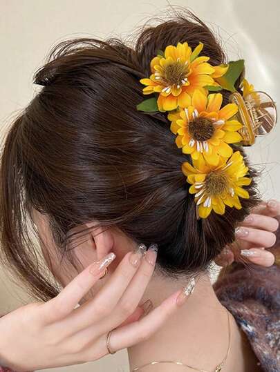 1个波西米亚风人造向日葵发爪夹，黄色，适合女性日常、休闲、旅行、春夏发型造型，夏季发饰，海滩度假发夹