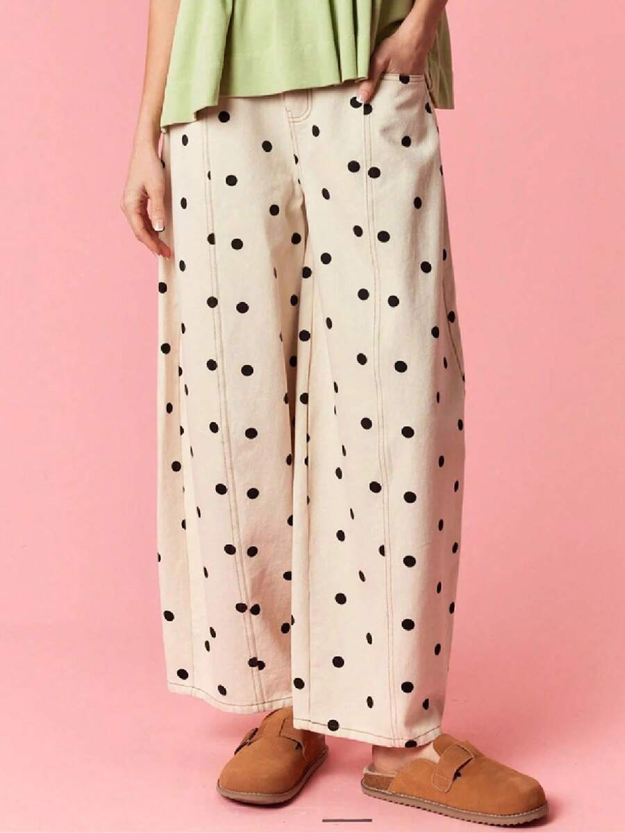 Polka Dot Jeans Women Y2K Print High Waisted Wide Leg Denim Pants Vintage Stretchy Boyfriend Jeans 90s Streetwear - 黑色 - 查看 1