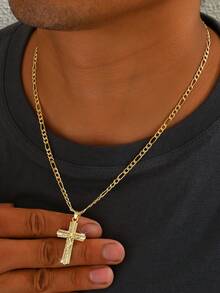 1pc Men's Figaro Chain + Micro-Inlaid Zirconia Jesus Cross Necklace, Classic Hip-Hop Versatile Accessory, Fashionable Men's Jewelry Suitable For Hip-Hop Outfits And Daily Wear - Yellow Gold - View 2