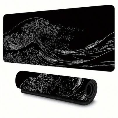 Large Size Mouse Pad With Japanese-Style Black Wave Design, Suitable For Gaming, Study Or Office Use, With Stitched Edges And Rubber Base Office Desk Desk Office Supplies Office Accessories Desk Mat Mousepad Study Table Mouse Pad For Desk Desk Decor