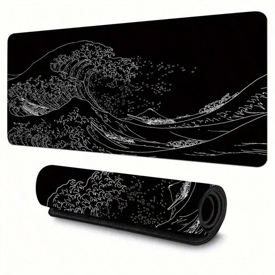 Large Size Mouse Pad With Japanese-Style Black Wave Design, Suitable For Gaming, Study Or Office Use, With Stitched Edges And Rubber Base Office Desk Desk Office Supplies Office Accessories Desk Mat Mousepad Study Table Mouse Pad For Desk Desk Decor