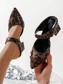 女士棕色豹纹高跟鞋，欧美时尚尖头套脚穆勒鞋，粗跟通勤鞋，适合派对、街头、商场、音乐节、情人节约会等场合。 - 棕色 - 查看 1