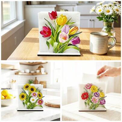 1/3 piezas Soporte de servilletas de madera con diseño de tulipanes, caja de almacenamiento con tema de primavera para mesa de fiesta, decoración de hogar, fiesta de cumpleaños, boda, baby shower, organizador de servilletas, organizador de cocina rústica y comedor, elegante cesta de madera con estampado floral, accesorio central perfecto para fiestas, solución de almacenamiento botánico para toda celebración y reunión
