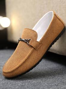 加大码新款透气亚麻休闲乐福鞋，男士套脚宽松鞋 - 駝色 - 查看 1