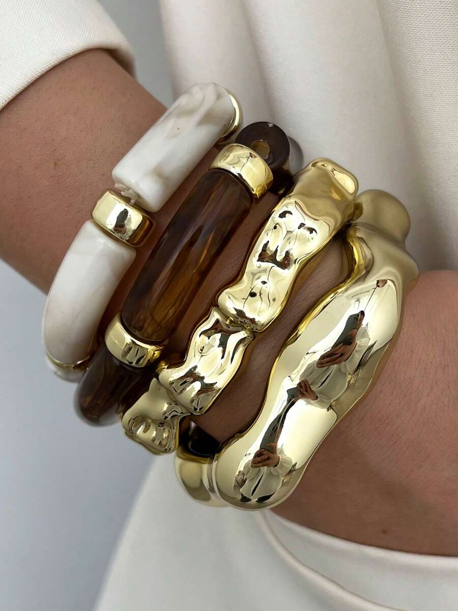 4pcs Vintage Minimalist Women's Wavy CCB & Resin Material Bangle Bracelet & Elastic Bracelet Set, Suitable For Daily Wear, Stackable, Perfect Gift Choice For Holidays - Multicolor 9 - View 1