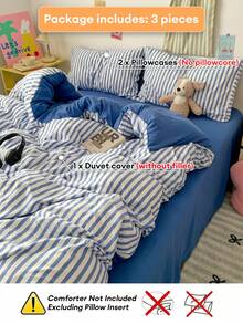三件套,简约蓝白条纹韩式被套套装(1个被套+2个枕套,不含被芯和枕芯),水洗合成纤维,标准尺寸,柔软舒适,适合宿舍、家庭卧室、酒店,四季皆宜,拉链封口,多色可选,经久耐用,加大床品套装 - 藍色 - 查看 6