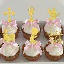 12pcs Paper Cake Decorations - Glitter Doves, Chalice, Bible, Christening, First Communion, Baptism, Baby Shower, Birthday Party Cake Decor - Multicolor - View 3