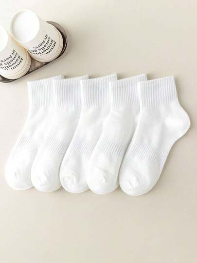 5 Pairs White Solid Color Mid-Calf Socks, Korean Style Unisex Mid-Calf Socks, Versatile For All Seasons, Sports Socks For Couples