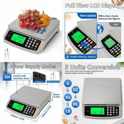 Commercial Food Scale 40KG Large Digital Kitchen Scale Baking Cooking Bread Meat Weight Price Computing Scale Stainless Steel Parts And Coins Counting Scale For  Stores Tare Function