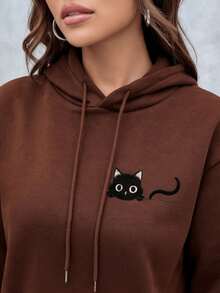 CHIEREGATO OUTLET Women's Sweatshirt, Winter Warmth, Kangaroo Hoodie, Cozy Sweatshirt With Cat Print, Women's Hooded Jacket, Sizes S To XL - 鏽棕色 - 查看 3
