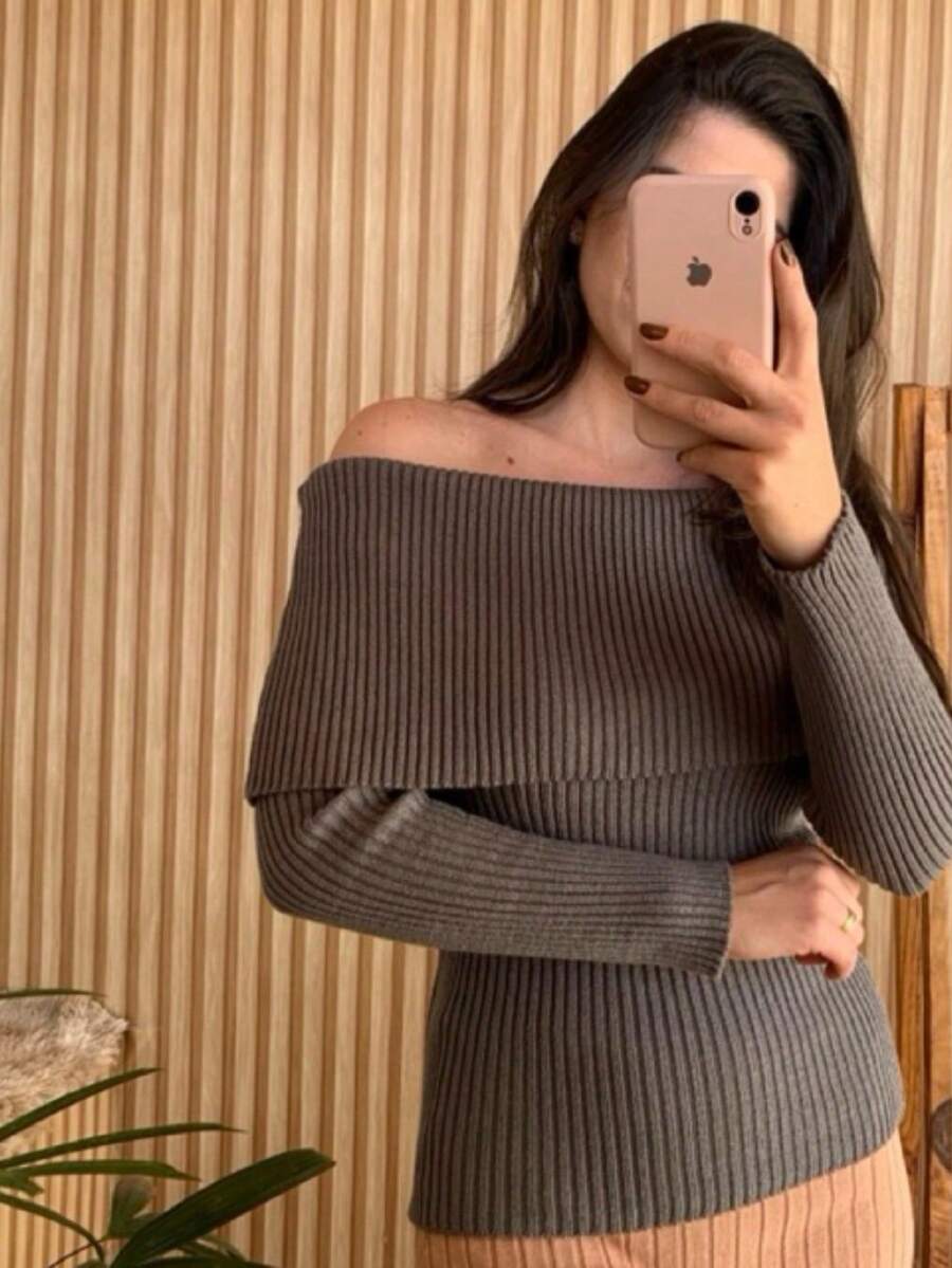 Blusa tricot canelada ombro a ombro manga longa moda tricô - Cinza - Visão 1