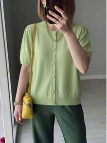 GIGOGOU Women's Short Sleeve T-Shirt And Knit Cardigan, Comfortable And Soft Tops For Spring/Summer - Lime Green - View 3