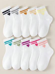 1/5/10 Đôi tất trẻ em họa tiết sọc đôi hình trái tim, chất liệu jacquard, mềm mại và thoáng khí, phù hợp cho mọi mùa, tất đi học unisex cho bé trai và bé gái, trang phục ngày Valentine. - Nhiều màu - Xem 5