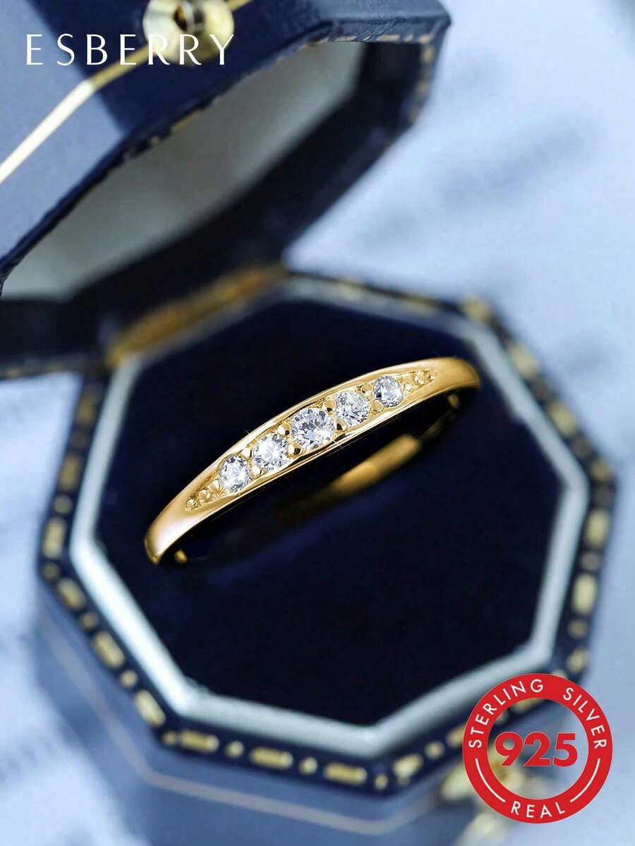 ESBERRY S925纯银独特女士订婚戒指/结婚戒指、承诺戒指/永恒戒指,精致珠宝礼品 - 金色 - 查看 1