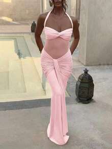 Sexy Spaghetti Strap Backless Waist Cinched High Slit Dress, Mesh Patchwork Vacation Party Dress - 粉色 - 查看 6
