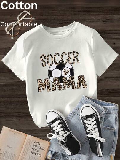 Nuovi arrivi primavera/estate: T-shirt da donna con stampa leopardata da "Soccer Mama", design in cotone traspirante per comfort tutto il giorno, stile atletico casual per un look sportivo, ideale per il tuo guardaroba estivo - comfort incontra moda