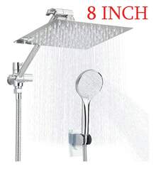 Matte Black/Published Sliver Shower Head Combo,8/10/12" Rain Square Shower Head  With 9 Inch Adjustable Extension Arm And 3 Settings Handheld Spray,150cm Long Hose,Wall-Mounted,Adjustable Height , Home Bathroom Decor ,Shower Accessories - 折疊臂 - 查看 11