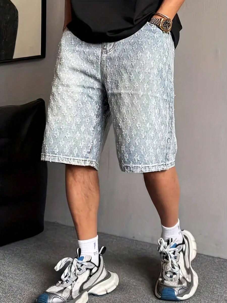 Teen Boys American Fashion Jacquard Denim Shorts - Light Wash - View 1