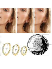 6/1 Đôi khuyên tai mini bằng thép không gỉ 316L đính đá Cubic Zirconia, thích hợp cho lỗ xỏ sụn tai, dái tai, vành tai, khuyên tai nhỏ unisex, khuyên tai tròn có khớp nối bằng thép không gỉ. - Vàng - Xem 3