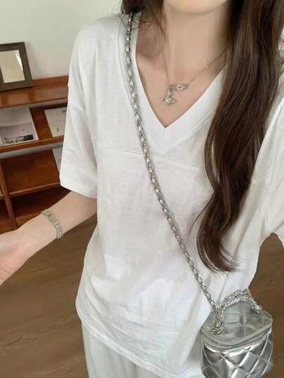 女士V领纯色宽松T恤，休闲短袖简约上衣，夏季基础街头风