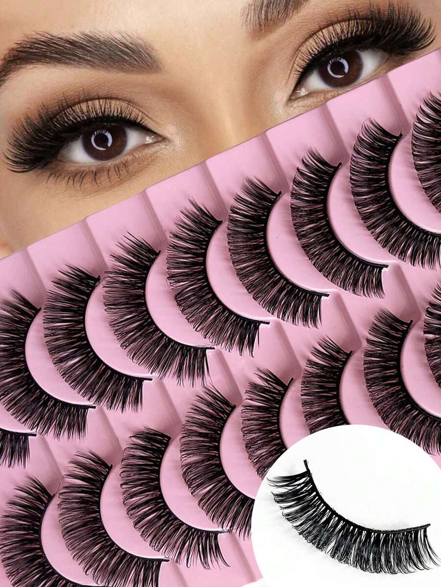 10 Pairs D-Curl Russian Stripe False Eyelashes, Natural Looking Fluffy Fake Lashes, Dramatically Lengthening Fox Eye Lifting Effect, Suitable For Any Occasion, Daily Wear, Festive Atmosphere - Black - View 1