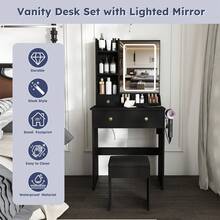 Modern Vanity Desk With LED Mirror, 3 Color Lighting & Adjustable Brightness - 3 Drawers & Storage Shelves, Built-In Power Outlet & Hair Dryer Holder, Makeup Dressing Table Set With Stool For Bedroom - US A Type Plug(110-127V) - View 2