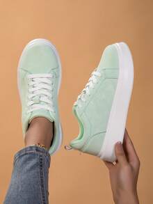 女士薄荷绿、天蓝、卡其色、灰色仿麂皮系带运动鞋，简约风格系带休闲鞋，透气厚底时尚日常鞋 - 薄荷綠 - 查看 3