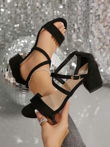 Giày sandal cao gót màu trắng thanh lịch dành cho nữ - Mũi vuông, gót dày, quai giả da, giày công sở phù hợp mọi mùa, gót nhọn - màu đen - Xem 3
