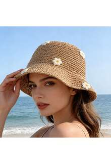 1/2顶 电影感花朵镂空草帽 夏季透气编织遮阳帽 可折叠便携遮阳渔夫帽 沙滩度假旅行拍照氛围帽 日常通勤旅行搭配帽 开斋节休闲遮阳帽 - 小花草帽 - 查看 10