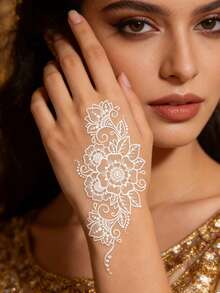 Bộ 6 hình xăm dán phát sáng trong bóng tối, họa tiết Mandala phong cách Boho màu trắng, thích hợp cho cánh tay, bàn tay, lưng và ngón tay, hình xăm tạm thời phát sáng trong bóng tối, họa tiết ren hoa henna, chống thấm nước, bền lâu, chống mồ hôi, dễ bóc, hình xăm giả. - trắng - Xem 5