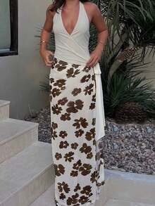 Summer Party Gown Attire Y2K Halter V Neck Floral Print And Chic Spaghetti Strap Long Dress - 米白色 - 查看 2