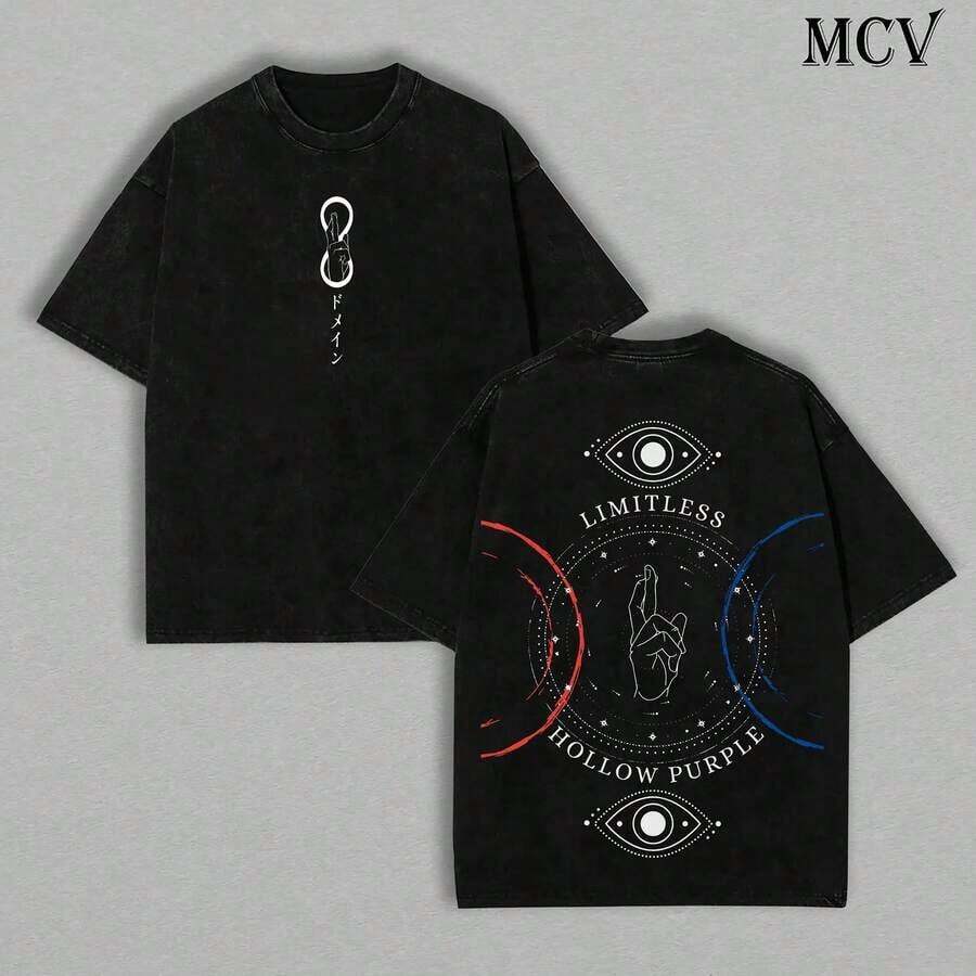 T-Shirt - Limitless Hollow Purple Gojo Inspired T-Shirt JJK  Anime Double Printed Vintage Washed Tee Unisex Oversize Anime Manga Washed Heavyweight Cotton, Anime Merch - 黑色 - 查看 1