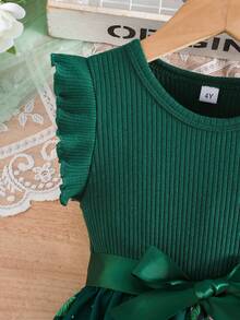 Girls' Elegant Cap Sleeve Ribbed Butterfly Pattern Dress, Summer - Dark Green - View 5