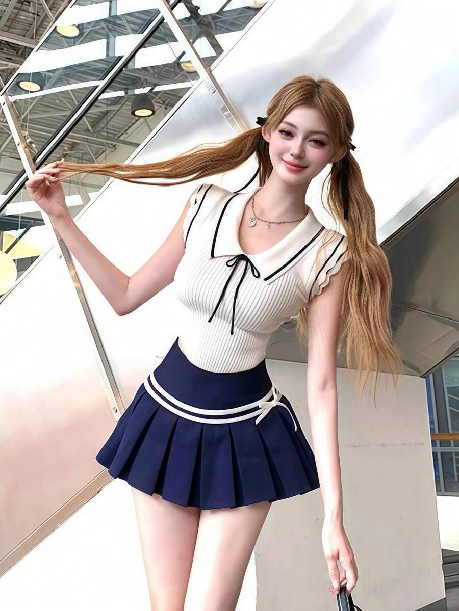 女款夏季柔軟針織修身上衣,荷葉袖,學院風 - 杏色 - 查看 1