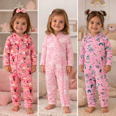 Kit 3 Macacão Bebê Menina com Zíper Frontal Inverno Roupa Infantil Feminina Quentinha Confortável Algodão Macio P ao 3 Anos Estampas Sortidas Macacão Longo Bebê Prático de Vestir Sleepwear e Dia a Dia Enxoval Bebê Menina Conjunto 3 Peças Roupa de Frio Infantil