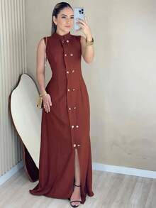 Elegant Women's Casual Long Dress With High Neck, Sleeveless, Straight Neckline, Sleeveless Long Dresses. - 藏蓝色 - 查看 3