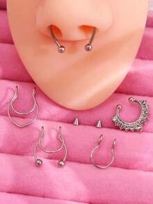5件套混搭款式假鼻环套装，不锈钢假鼻环鼻中隔耳环，时尚螺旋免穿孔设计 - 5pcs - 查看 13