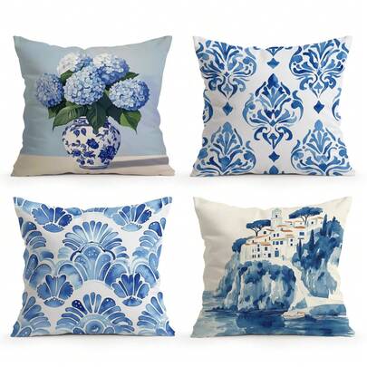 4pcs Navy Blue Floral Pattern Pillow Covers, Single-Sided Printed Cushion Covers, Suitable For Living Room, Bedroom, Home Decor, All Seasons