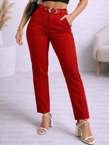 Women's Tailored High-Waisted Trousers With Shaping Belt, Straight Leg, Modern, Slim Fit, Elegant, Premium, Casual, Chic, Party Style - 紅色 - 查看 1