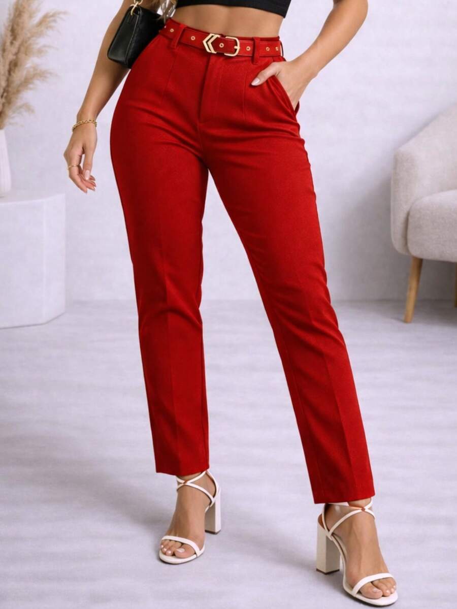 Women's Tailored High-Waisted Trousers With Shaping Belt, Straight Leg, Modern, Slim Fit, Elegant, Premium, Casual, Chic, Party Style - 紅色 - 查看 1