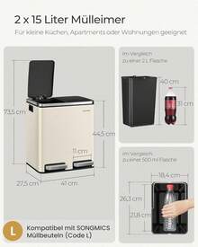 SONGMICSülleimer Küche, 2 x 15 Liter,ülltrennsystem 2 Fächer, inklusive 15üllbeutel, Abfalleimer, Treteimer, recycelbare Abfälle, Biomüll, Softclose-Deckel, sandbeige-tintenschwarz LTB30A02 HN8V - sandbeige-tintenschwarz - Übersicht 6