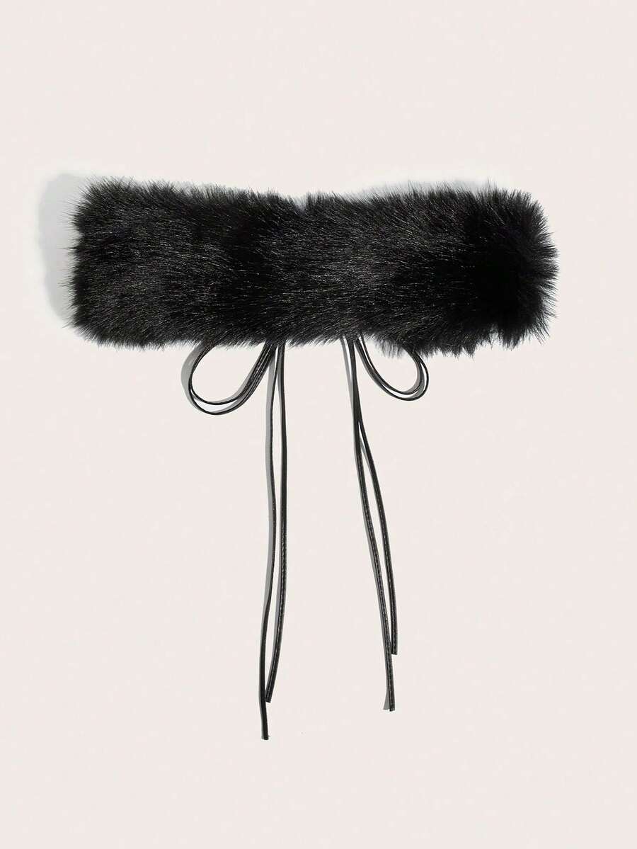 Versatile Fuzzy Solid Color Warm Black Belt, Y2K Vintage Faux Fur Waist Rope Sexy Accessory For Women, Can Be Worn Around Neck, Waist, Or Diagonally, Suitable For Daily Outings, Parties, Masquerades, Gifts For Friends, Halloween, Christmas - Black - View 1