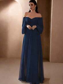 Women's Solid Color Off Shoulder Lantern Sleeve Casual Wedding Dress Spring White - Navy Blue - View 2