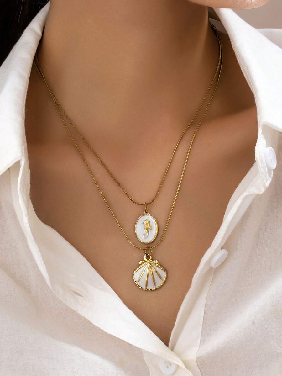 1Pc 18K Gold Plated Beach Necklace For Women - Stainless Steel Chain With Seashell & Sea Horse Pendant, Bohemian Layered Necklace Set For Daily And Vacation Wear - Multicolor - View 1