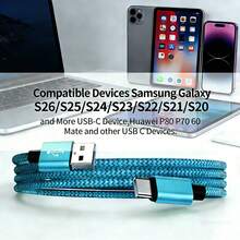 USB A 转 Type C 数据线 3A 快充[3.3 英尺/6.6 英尺/10 英尺] USB-C 快充尼龙编织线 兼容三星 Galaxy S26 S25 S24 S23 S22 S21 S10、Note 20 10 9 A51 G8 G7、Pixel 及其他 USB-C 设备 - 薄荷藍 - 查看 7