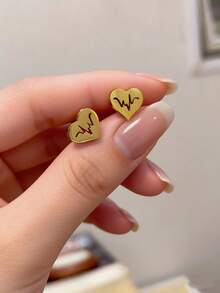 1 Pair Gold Hollow Heart ECG Earrings, Stainless Steel Jewelry, Unisex, Heartbeat Gift For Lover, Mother's Day Surprise For Mom - Gold - View 13