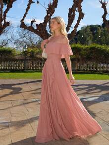 UNITHORSE 女士优雅露肩短袖雪纺修身腰带蕾丝装饰优雅新娘礼服 - 藕粉色 - 查看 4