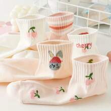 5 đôi tất ngắn cổ chân in hình quả anh đào và thỏ dễ thương dành cho nữ, tất ngắn màu hồng ngọt ngào, thích hợp mặc hàng ngày. - Nhiều màu - Xem 4
