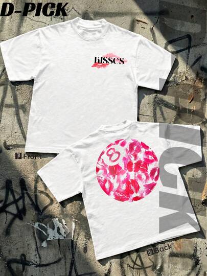 D-PICK- "KISSES" Pink Lip Print Graphic Tee , Double-Sided Printing Men's 100% Cotton Round Neck Short Sleeve T-Shirt , Unisex Vintage  T Shirts Streetwear Fashion Casual Wear,Mens Clothes, Men Tops