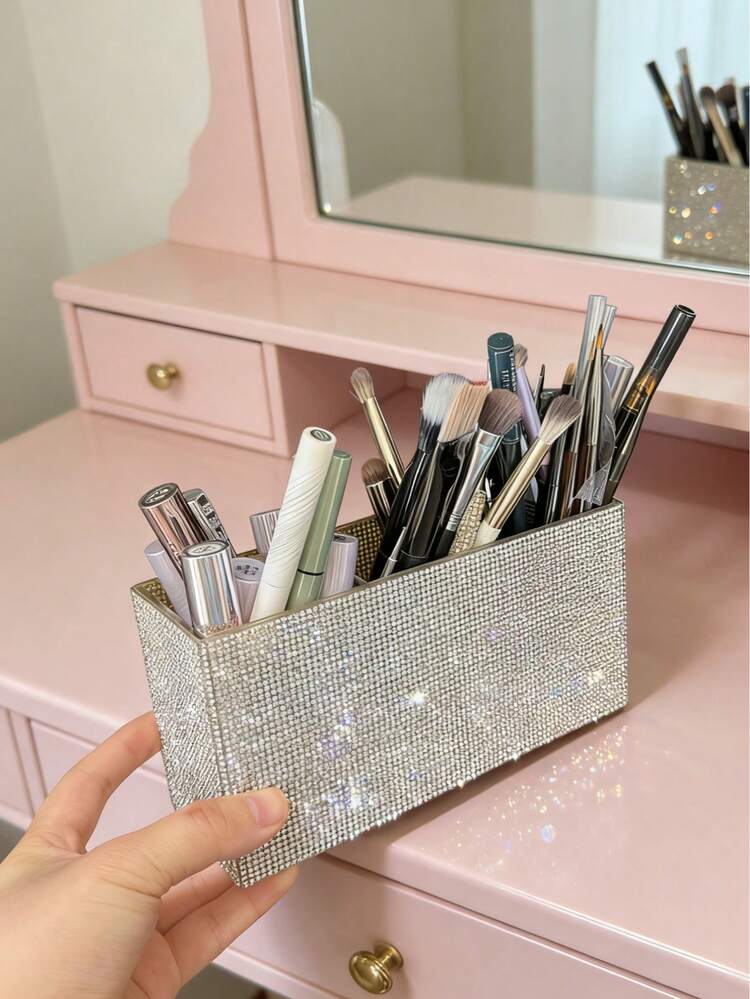 1pc Rhinestone Embellished 3-Compartment Storage Box, Large Capacity, Multi-Color Rhinestone Inlaid, Luxurious Sparkling Style, Full Pave Pattern, Neat Edges, Makeup Tool Container, Suitable For Bedroom Vanity, Dressing Room Desk - Multicolor - View 4